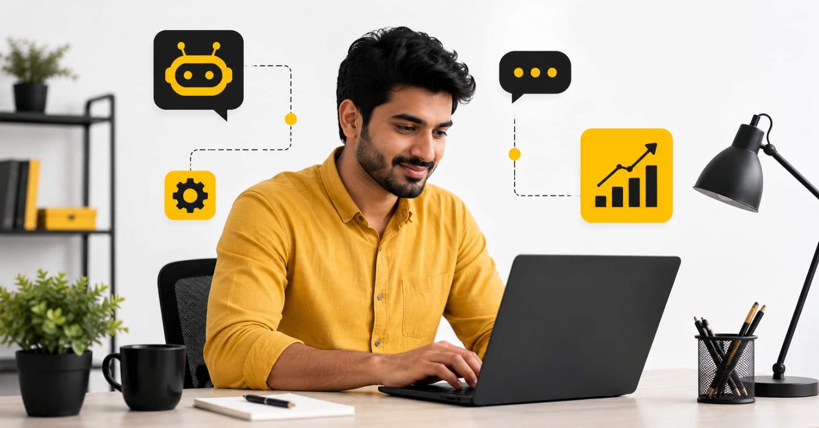Small business owner using AI tools on laptop for marketing